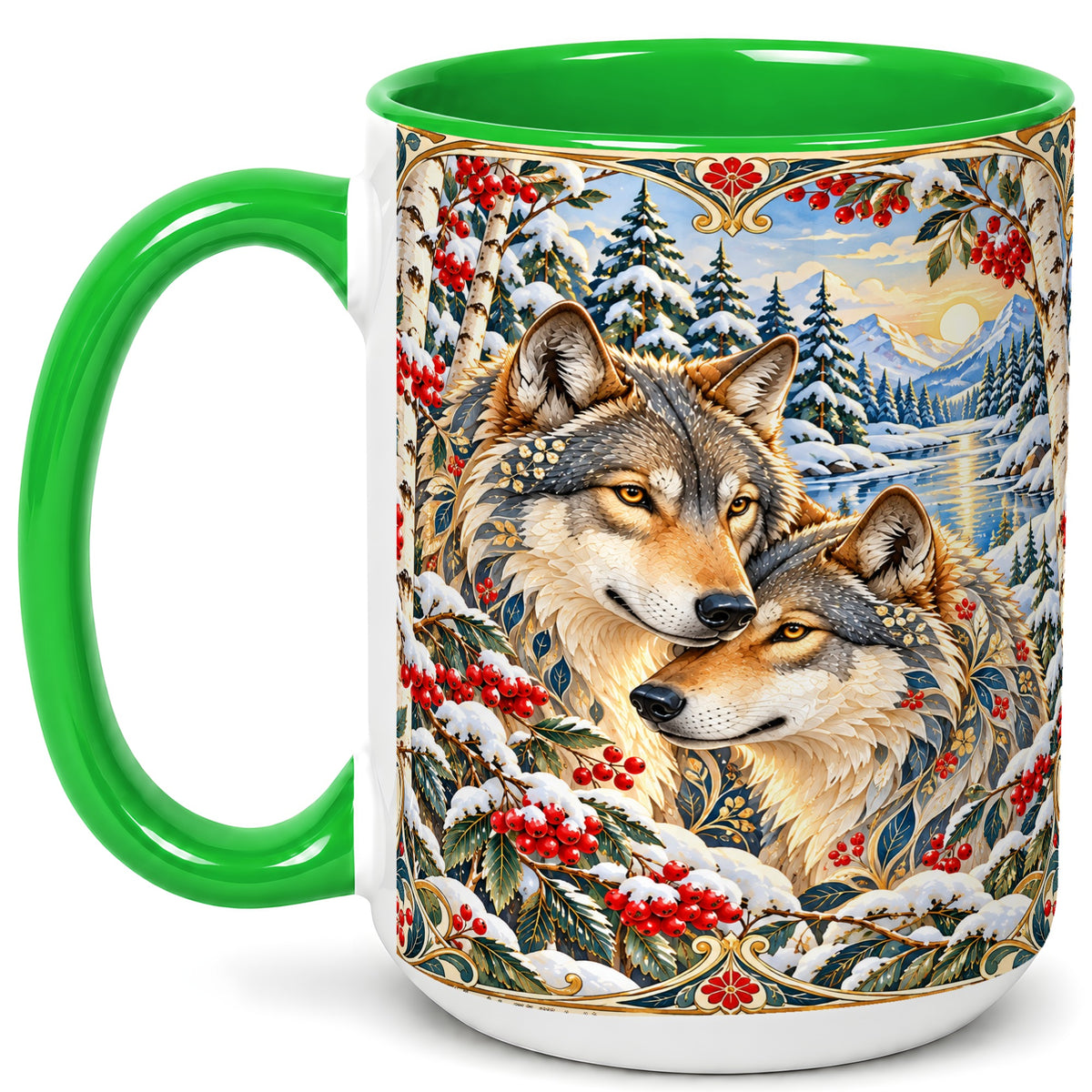 #pl[15oz|Green] Winter Wolf Pair Coffee Mug, Snowy Mountain Mug, Ceramic Cup