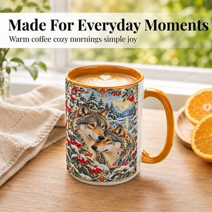 #pl[15oz|Orange] Winter Wolf Pair Coffee Mug, Snowy Mountain Mug, Ceramic Cup