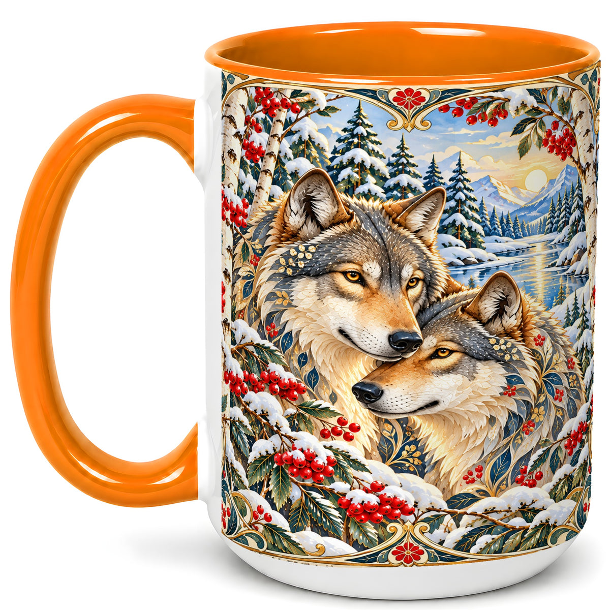 #pl[15oz|Orange] Winter Wolf Pair Coffee Mug, Snowy Mountain Mug, Ceramic Cup