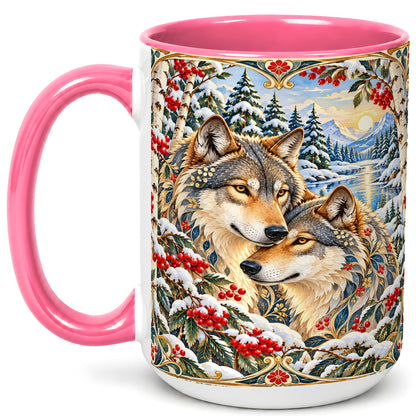 #pl[15oz|Pink] Winter Wolf Pair Coffee Mug, Snowy Mountain Mug, Ceramic Cup