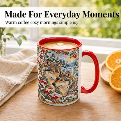 #pl[15oz|Red] Winter Wolf Pair Coffee Mug, Snowy Mountain Mug, Ceramic Cup