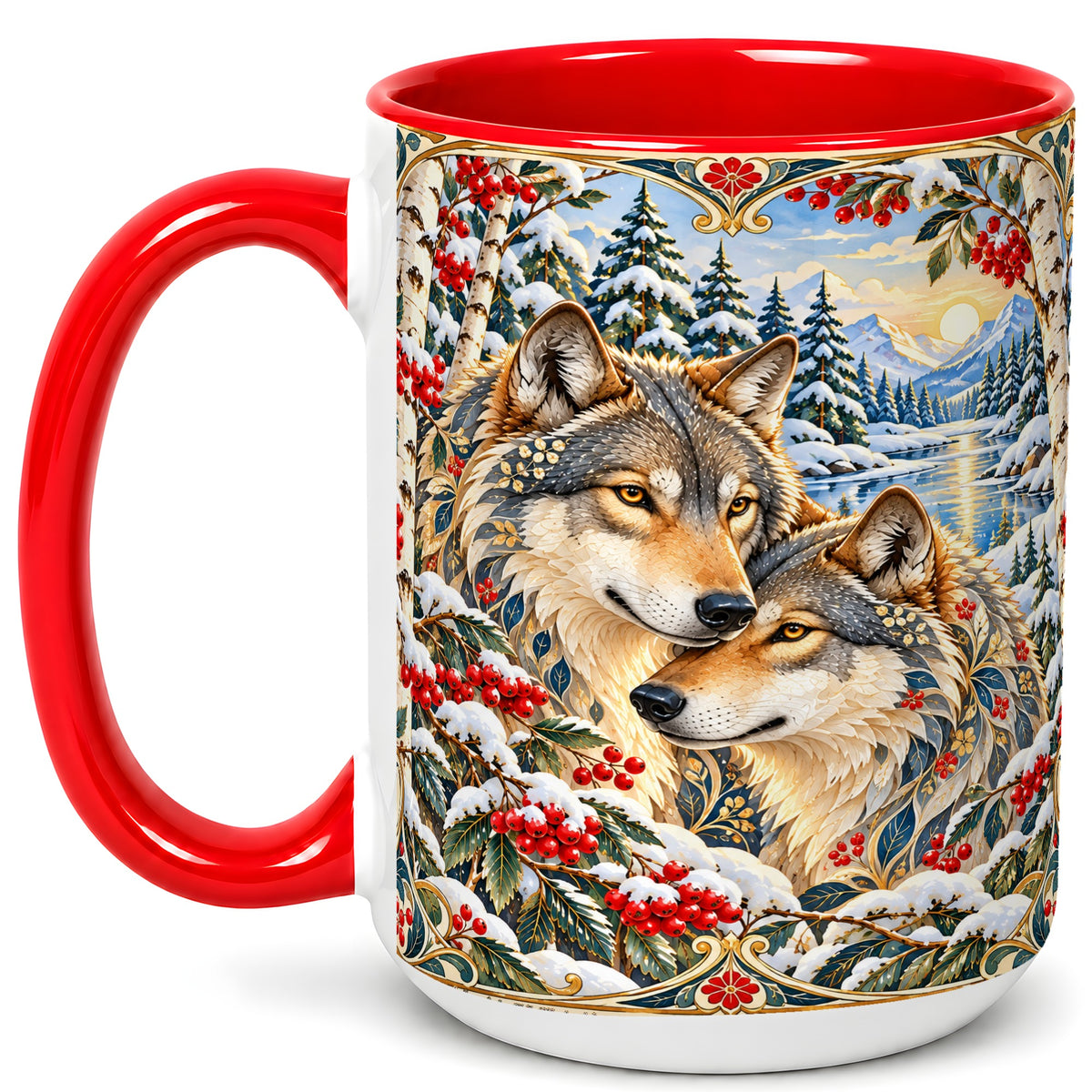 #pl[15oz|Red] Winter Wolf Pair Coffee Mug, Snowy Mountain Mug, Ceramic Cup