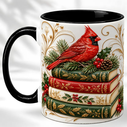 #pl[11oz|Black] Christmas Cardinal Books Coffee Mug, Holiday Bird Mug, Ceramic Cup