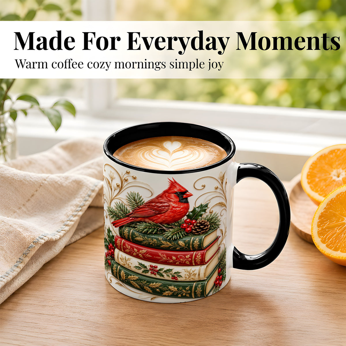#pl[11oz|Black] Christmas Cardinal Books Coffee Mug, Holiday Bird Mug, Ceramic Cup