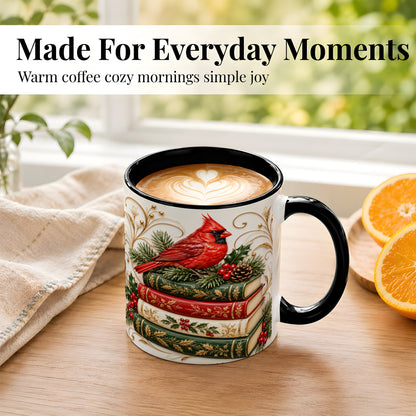 #pl[11oz|Black] Christmas Cardinal Books Coffee Mug, Holiday Bird Mug, Ceramic Cup