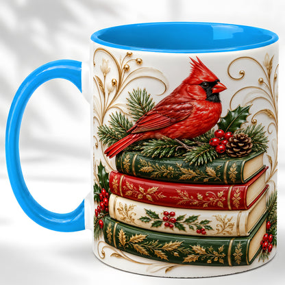 #pl[11oz|Blue] Christmas Cardinal Books Coffee Mug, Holiday Bird Mug, Ceramic Cup