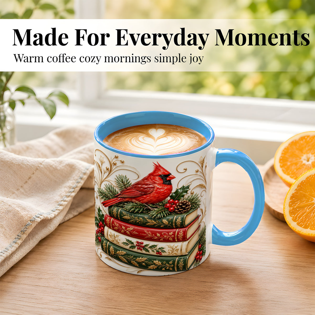 #pl[11oz|Blue] Christmas Cardinal Books Coffee Mug, Holiday Bird Mug, Ceramic Cup