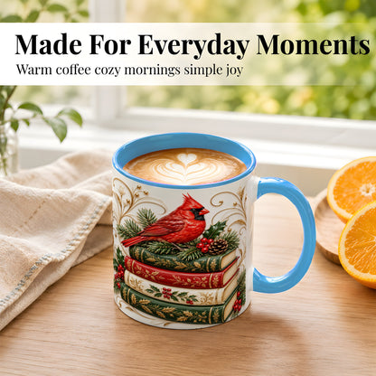#pl[11oz|Blue] Christmas Cardinal Books Coffee Mug, Holiday Bird Mug, Ceramic Cup