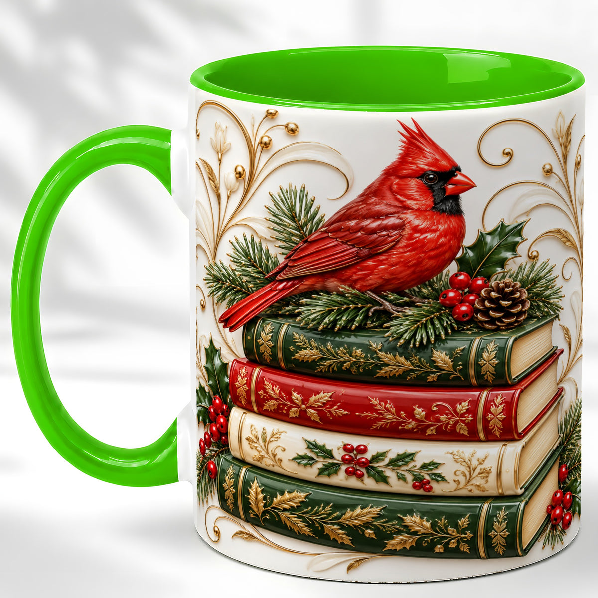#pl[11oz|Green] Christmas Cardinal Books Coffee Mug, Holiday Bird Mug, Ceramic Cup