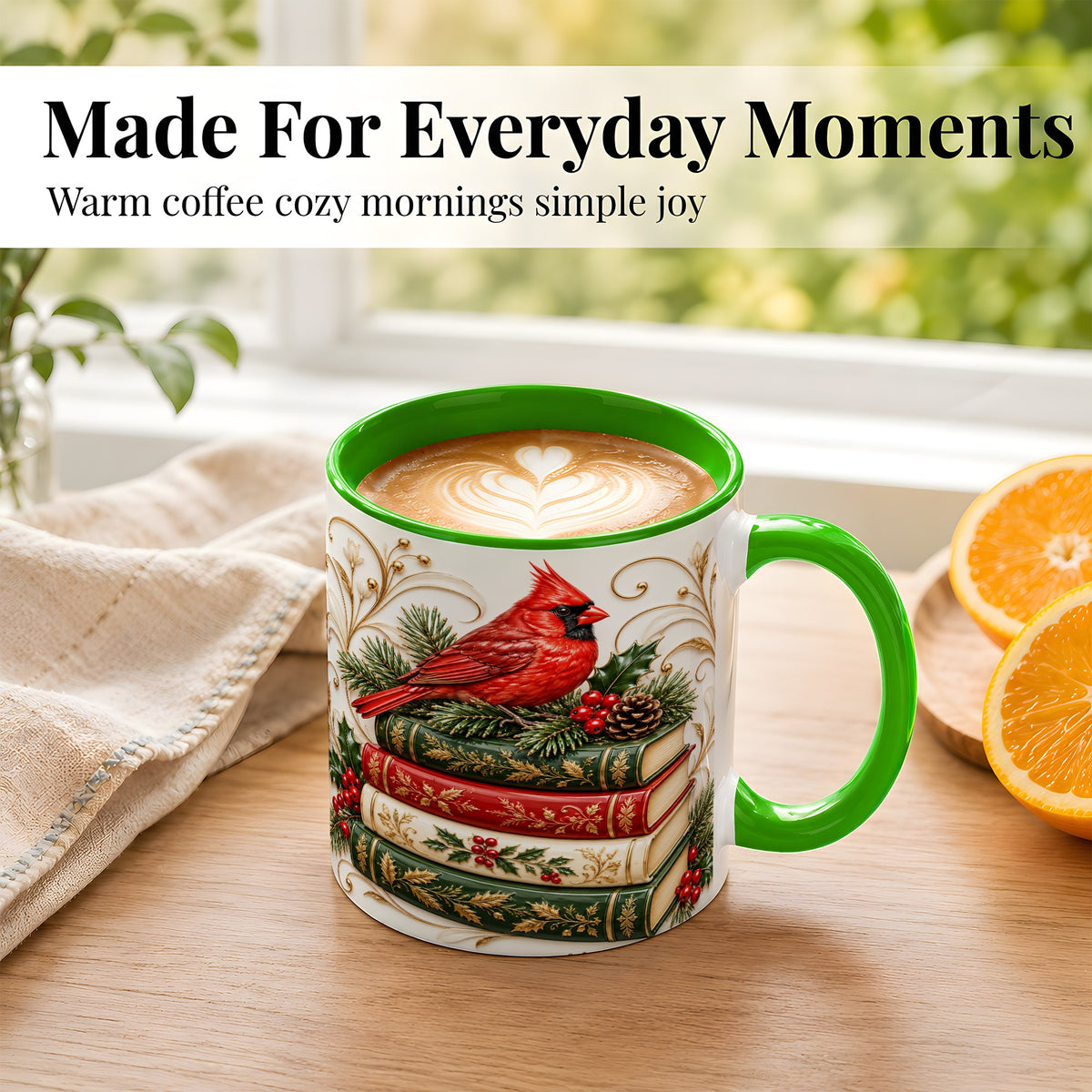 #pl[11oz|Green] Christmas Cardinal Books Coffee Mug, Holiday Bird Mug, Ceramic Cup