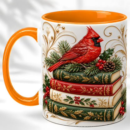 #pl[11oz|Orange] Christmas Cardinal Books Coffee Mug, Holiday Bird Mug, Ceramic Cup