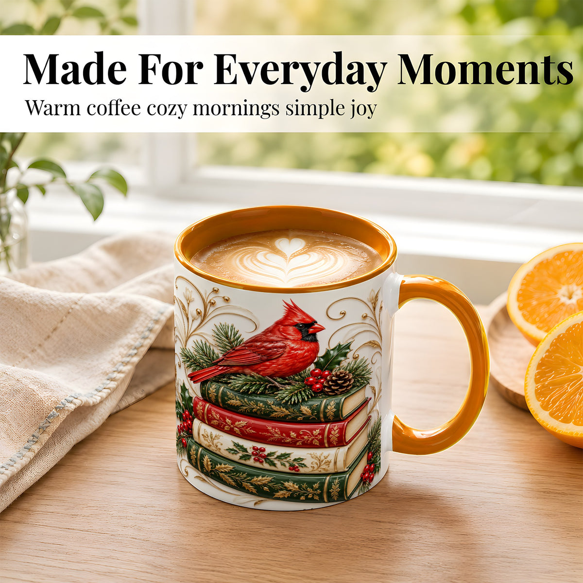 #pl[11oz|Orange] Christmas Cardinal Books Coffee Mug, Holiday Bird Mug, Ceramic Cup