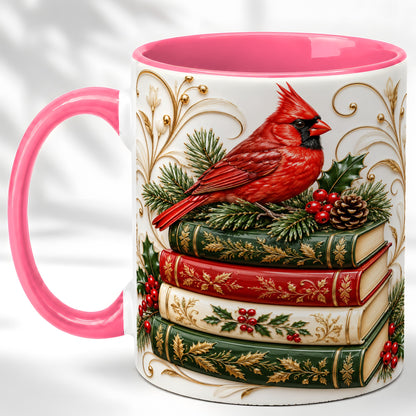 #pl[11oz|Pink] Christmas Cardinal Books Coffee Mug, Holiday Bird Mug, Ceramic Cup