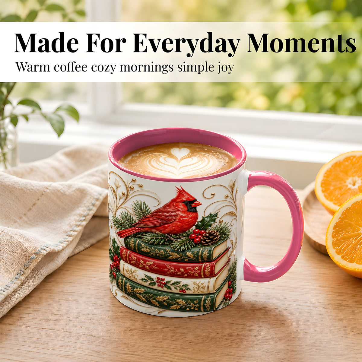 #pl[11oz|Pink] Christmas Cardinal Books Coffee Mug, Holiday Bird Mug, Ceramic Cup