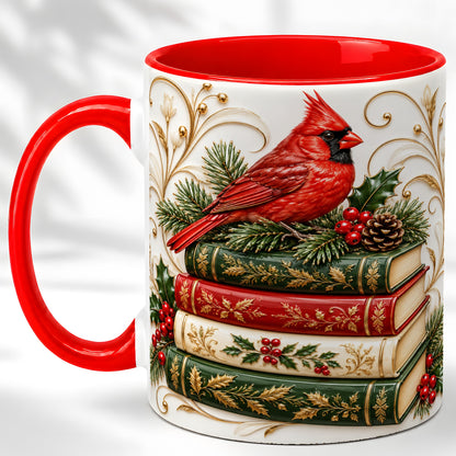 Christmas Cardinal Books Coffee Mug, Holiday Bird Mug, Ceramic Cup