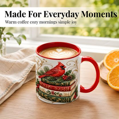 #pl[11oz|Red] Christmas Cardinal Books Coffee Mug, Holiday Bird Mug, Ceramic Cup