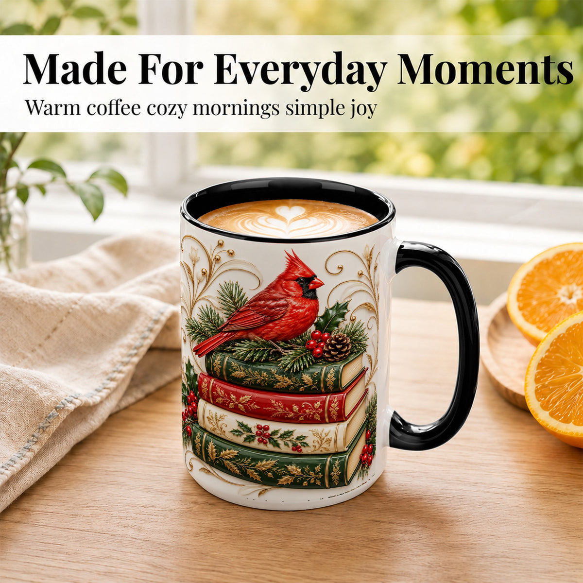 #pl[15oz|Black] Christmas Cardinal Books Coffee Mug, Holiday Bird Mug, Ceramic Cup