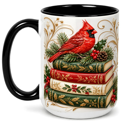 #pl[15oz|Black] Christmas Cardinal Books Coffee Mug, Holiday Bird Mug, Ceramic Cup
