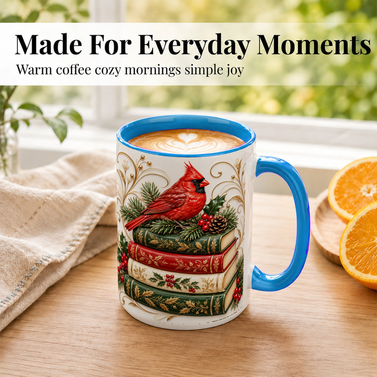 #pl[15oz|Blue] Christmas Cardinal Books Coffee Mug, Holiday Bird Mug, Ceramic Cup