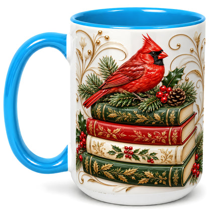 #pl[15oz|Blue] Christmas Cardinal Books Coffee Mug, Holiday Bird Mug, Ceramic Cup