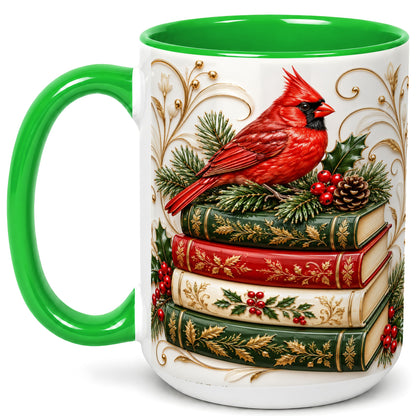 #pl[15oz|Green] Christmas Cardinal Books Coffee Mug, Holiday Bird Mug, Ceramic Cup