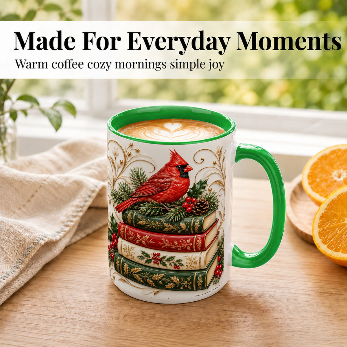 #pl[15oz|Green] Christmas Cardinal Books Coffee Mug, Holiday Bird Mug, Ceramic Cup
