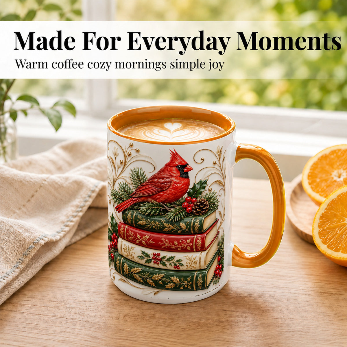 #pl[15oz|Orange] Christmas Cardinal Books Coffee Mug, Holiday Bird Mug, Ceramic Cup