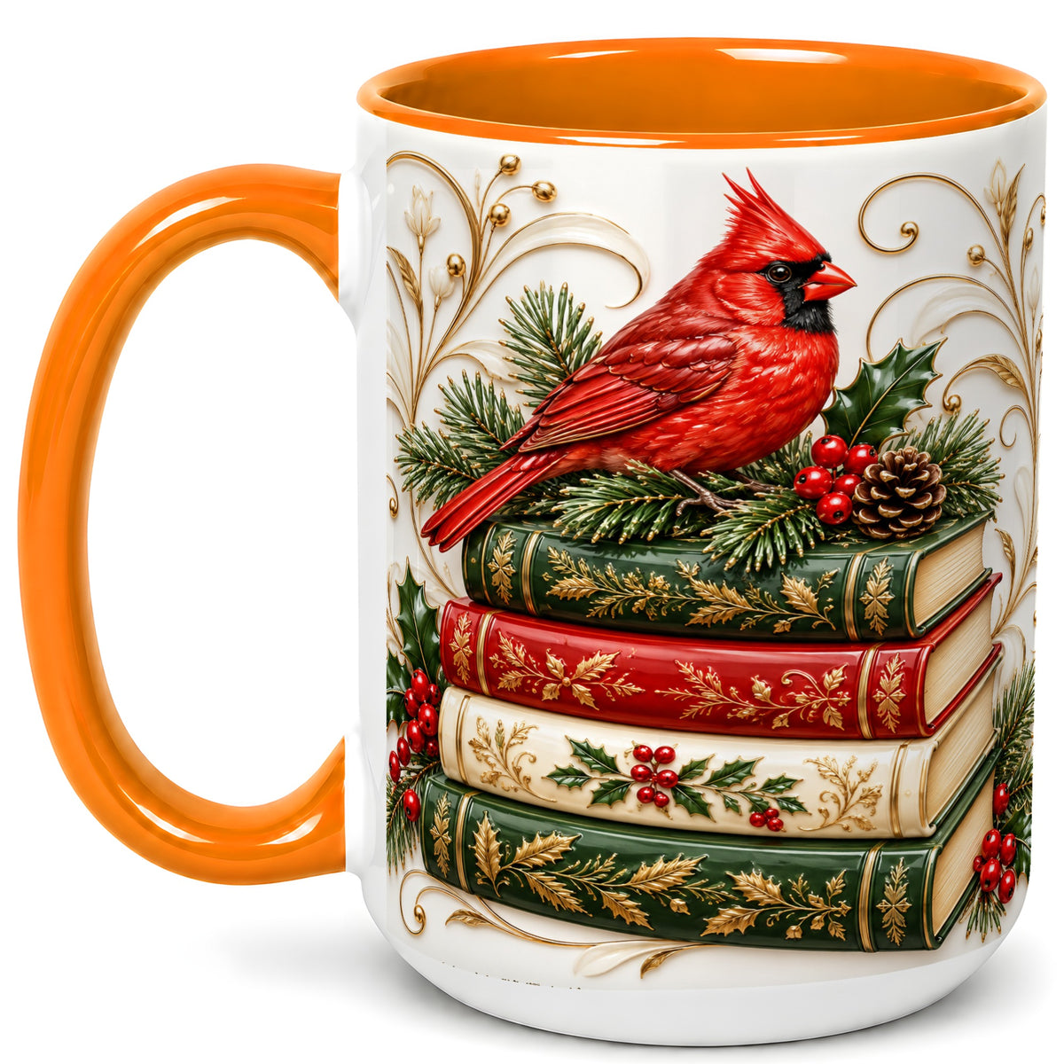 #pl[15oz|Orange] Christmas Cardinal Books Coffee Mug, Holiday Bird Mug, Ceramic Cup