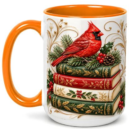 #pl[15oz|Orange] Christmas Cardinal Books Coffee Mug, Holiday Bird Mug, Ceramic Cup