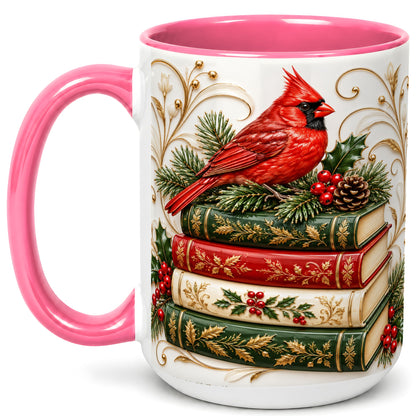 #pl[15oz|Pink] Christmas Cardinal Books Coffee Mug, Holiday Bird Mug, Ceramic Cup