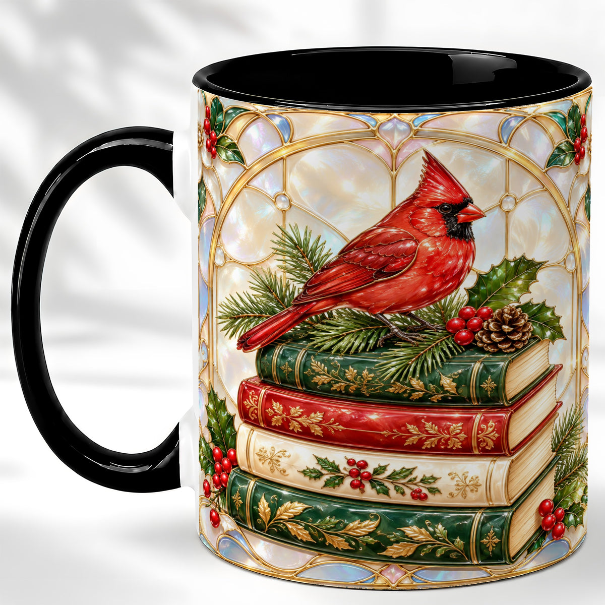 #pl[11oz|Black] Christmas Cardinal Coffee Mug, Winter Holly Bird Mug, Ceramic Cup