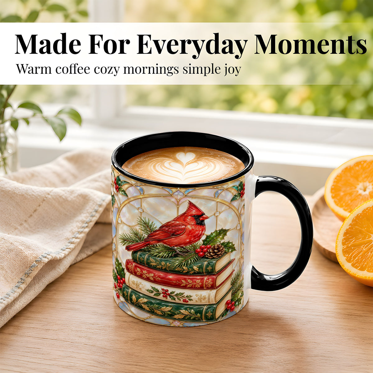 #pl[11oz|Black] Christmas Cardinal Coffee Mug, Winter Holly Bird Mug, Ceramic Cup
