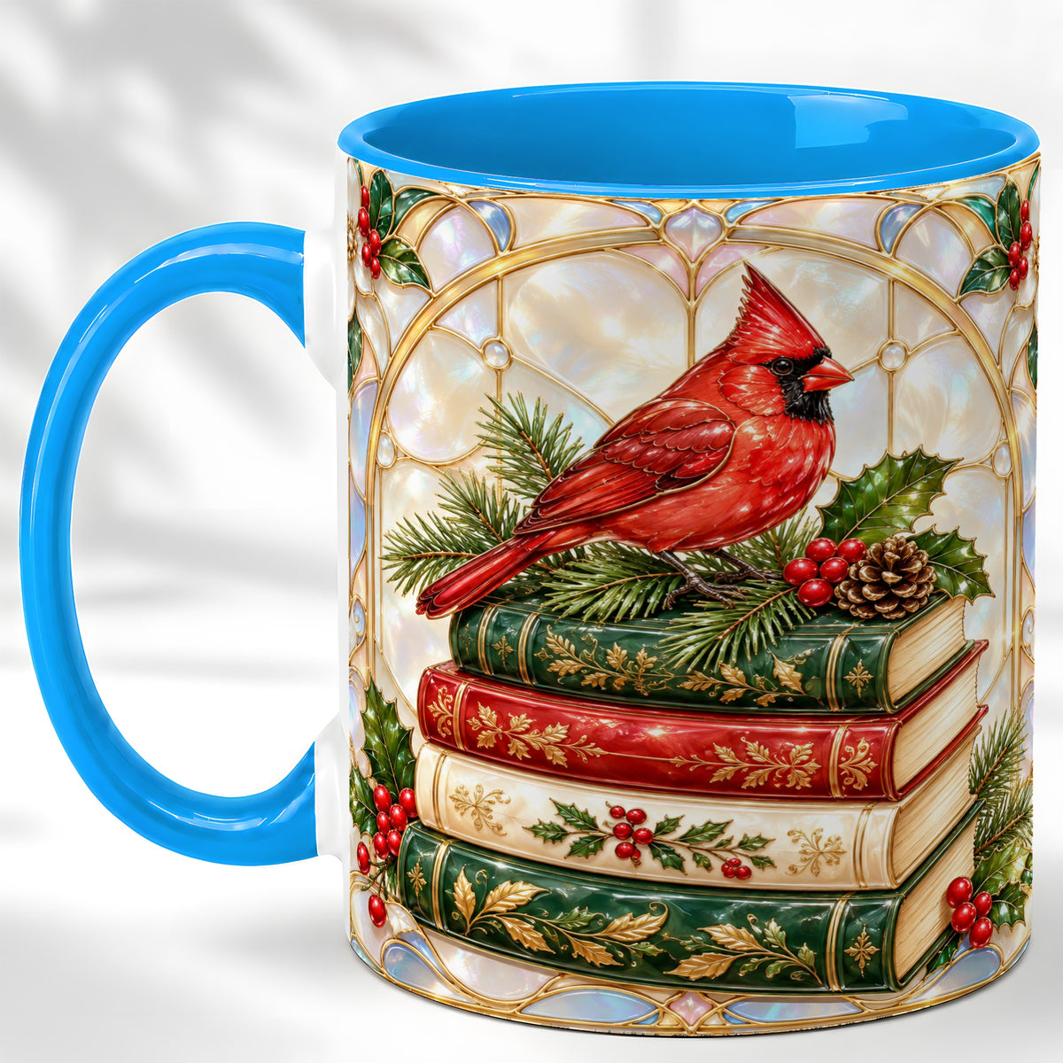 #pl[11oz|Blue] Christmas Cardinal Coffee Mug, Winter Holly Bird Mug, Ceramic Cup
