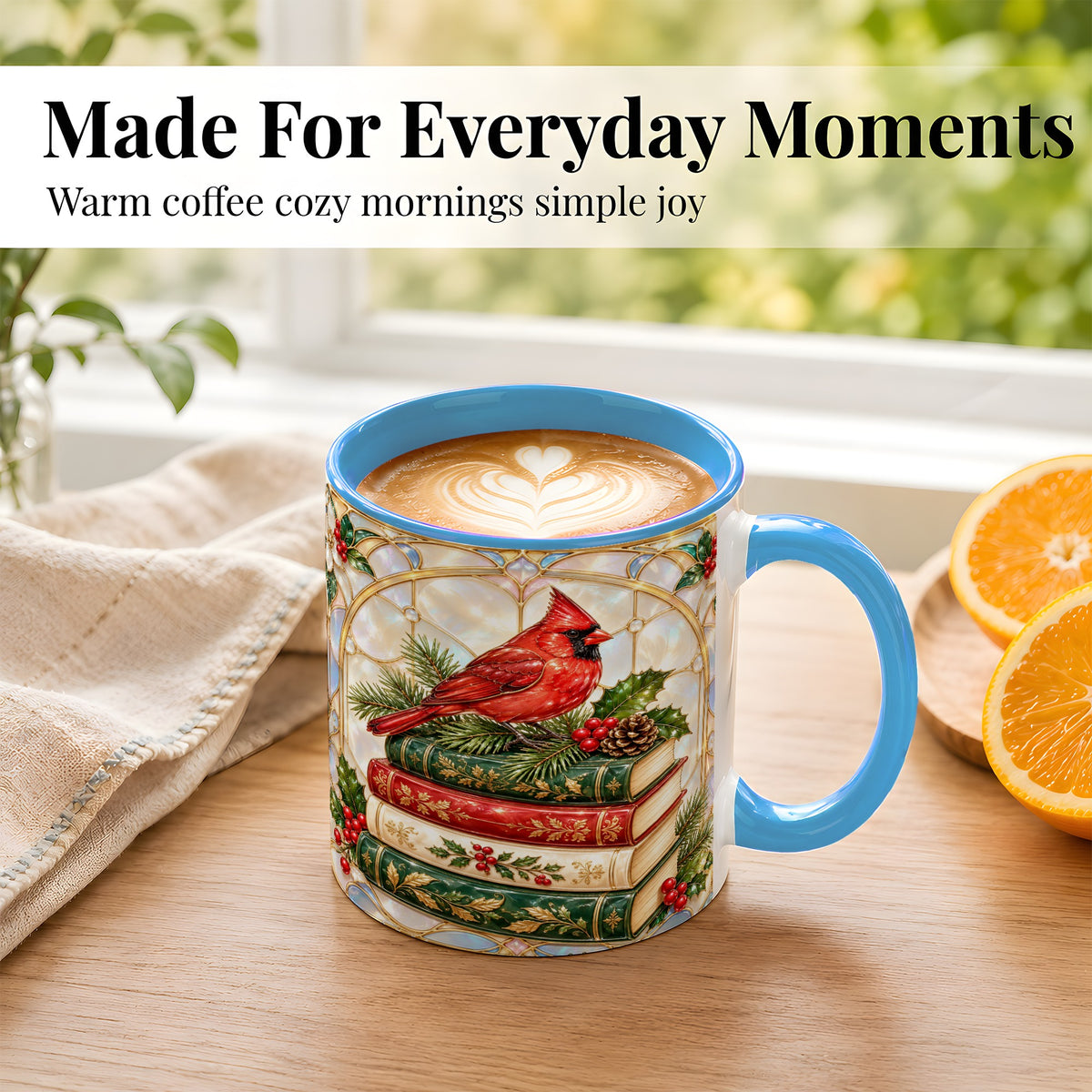 #pl[11oz|Blue] Christmas Cardinal Coffee Mug, Winter Holly Bird Mug, Ceramic Cup