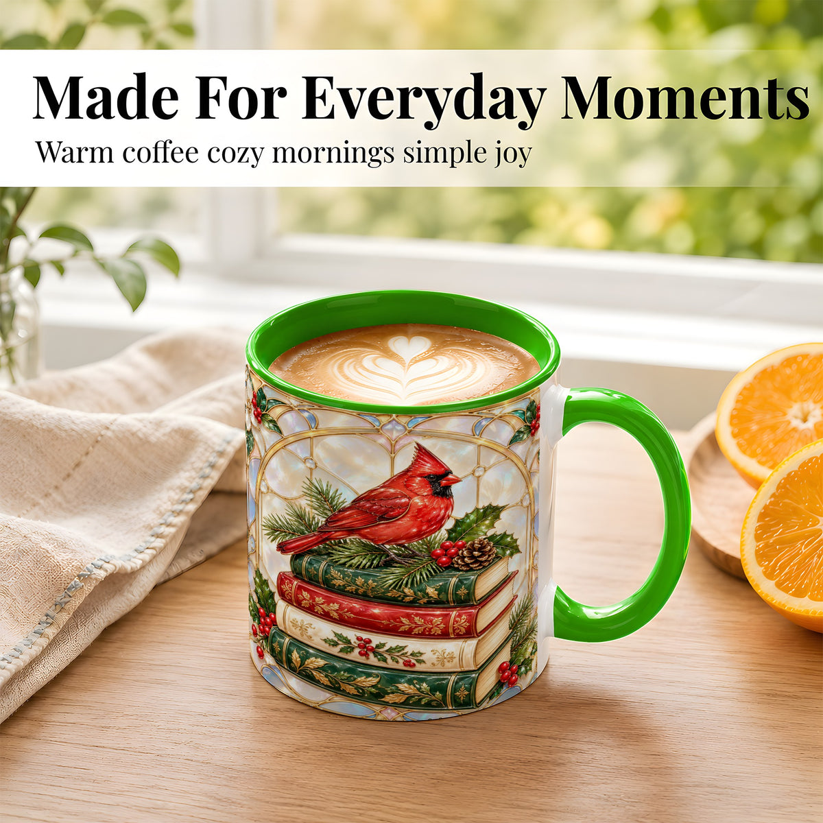 #pl[11oz|Green] Christmas Cardinal Coffee Mug, Winter Holly Bird Mug, Ceramic Cup