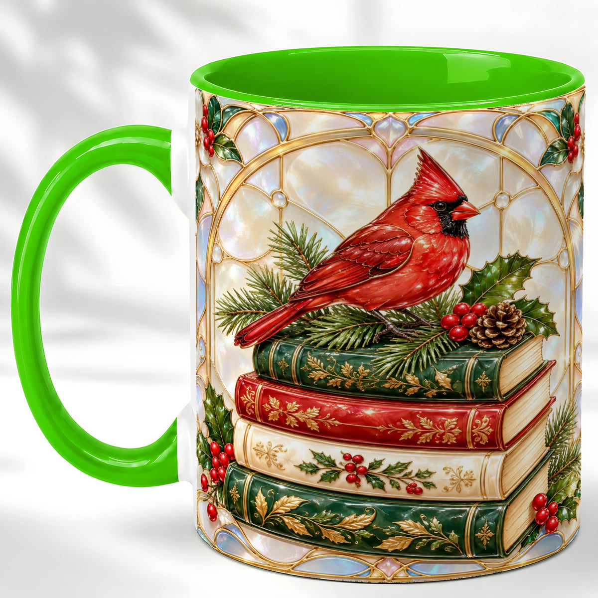#pl[11oz|Green] Christmas Cardinal Coffee Mug, Winter Holly Bird Mug, Ceramic Cup