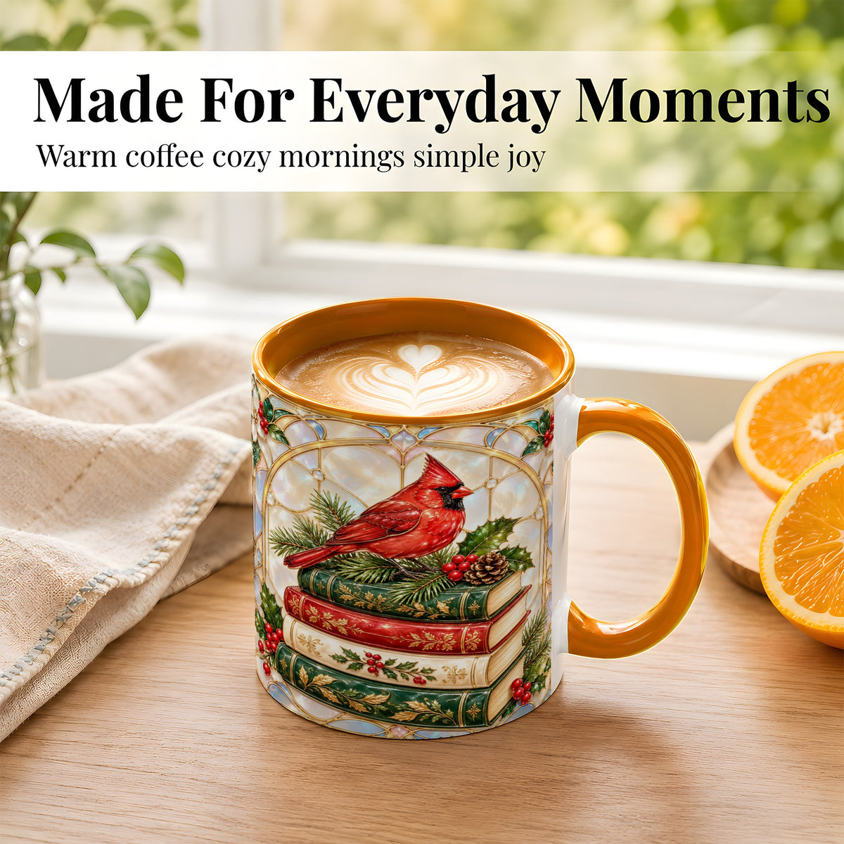 #pl[11oz|Orange] Christmas Cardinal Coffee Mug, Winter Holly Bird Mug, Ceramic Cup