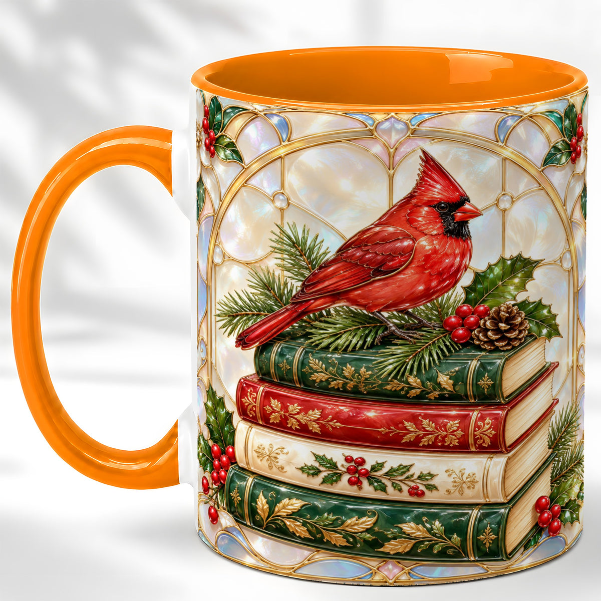 #pl[11oz|Orange] Christmas Cardinal Coffee Mug, Winter Holly Bird Mug, Ceramic Cup