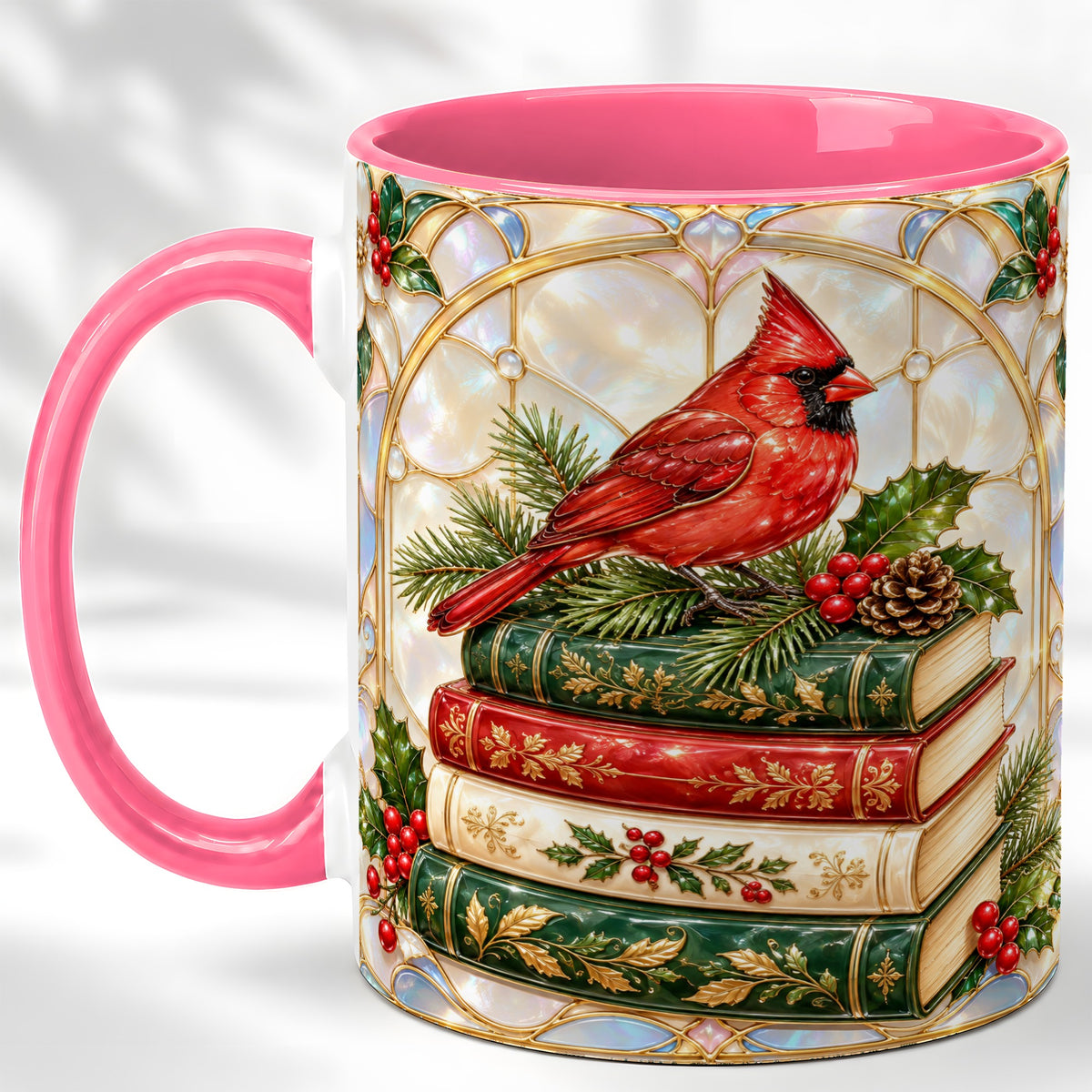 #pl[11oz|Pink] Christmas Cardinal Coffee Mug, Winter Holly Bird Mug, Ceramic Cup