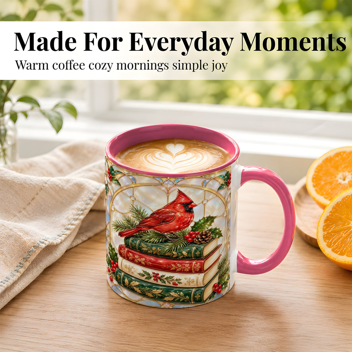 #pl[11oz|Pink] Christmas Cardinal Coffee Mug, Winter Holly Bird Mug, Ceramic Cup