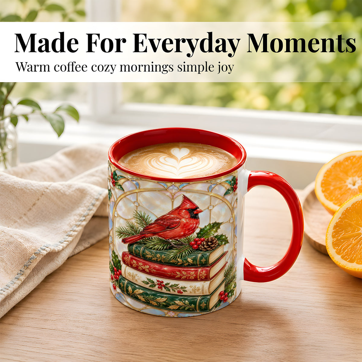 #pl[11oz|Red] Christmas Cardinal Coffee Mug, Winter Holly Bird Mug, Ceramic Cup