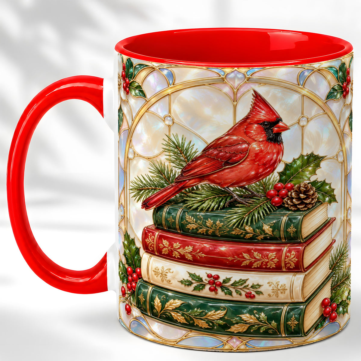 Christmas Cardinal Coffee Mug, Winter Holly Bird Mug, Ceramic Cup