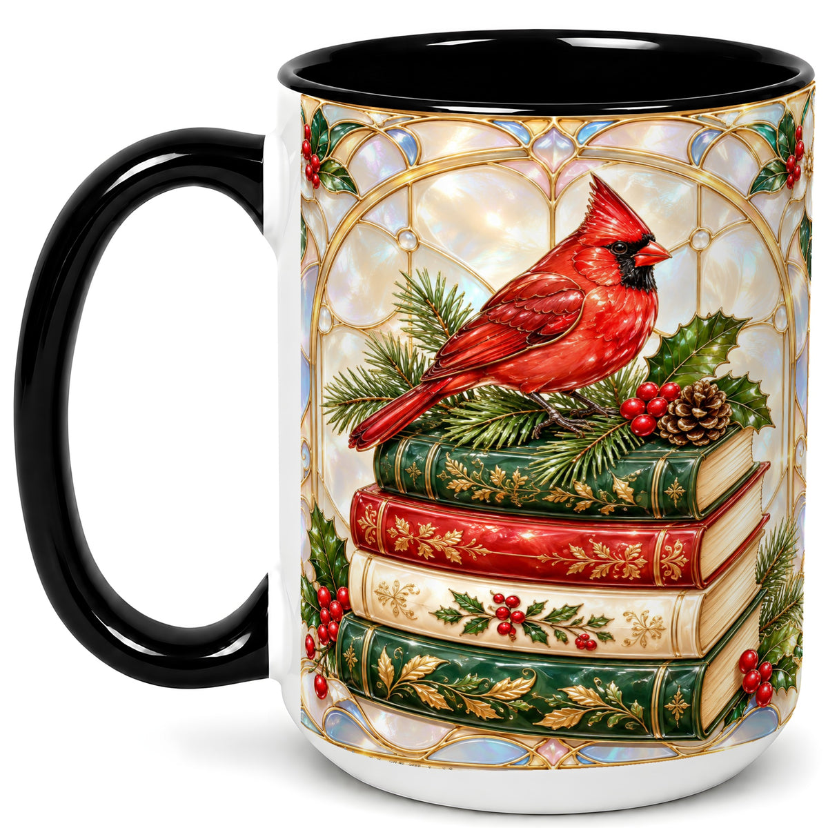 #pl[15oz|Black] Christmas Cardinal Coffee Mug, Winter Holly Bird Mug, Ceramic Cup