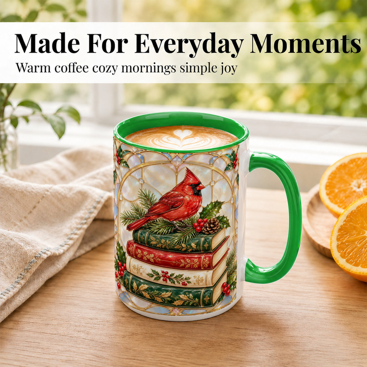 #pl[15oz|Green] Christmas Cardinal Coffee Mug, Winter Holly Bird Mug, Ceramic Cup