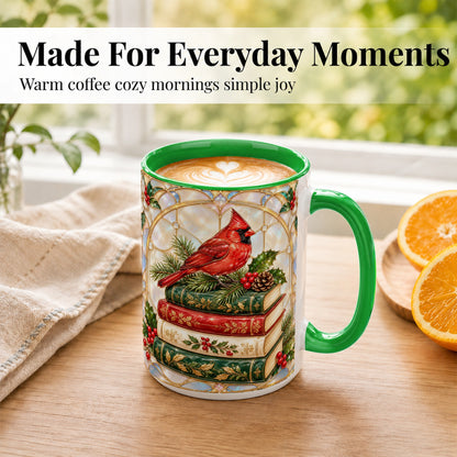 #pl[15oz|Green] Christmas Cardinal Coffee Mug, Winter Holly Bird Mug, Ceramic Cup