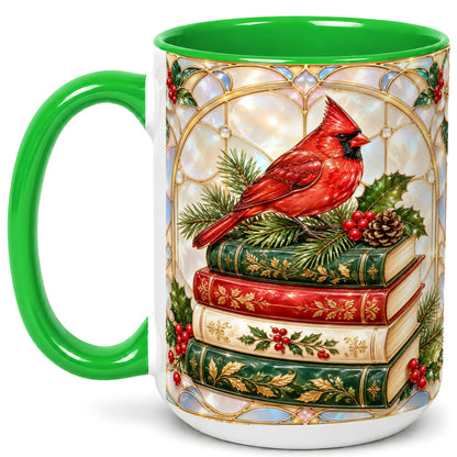 #pl[15oz|Green] Christmas Cardinal Coffee Mug, Winter Holly Bird Mug, Ceramic Cup