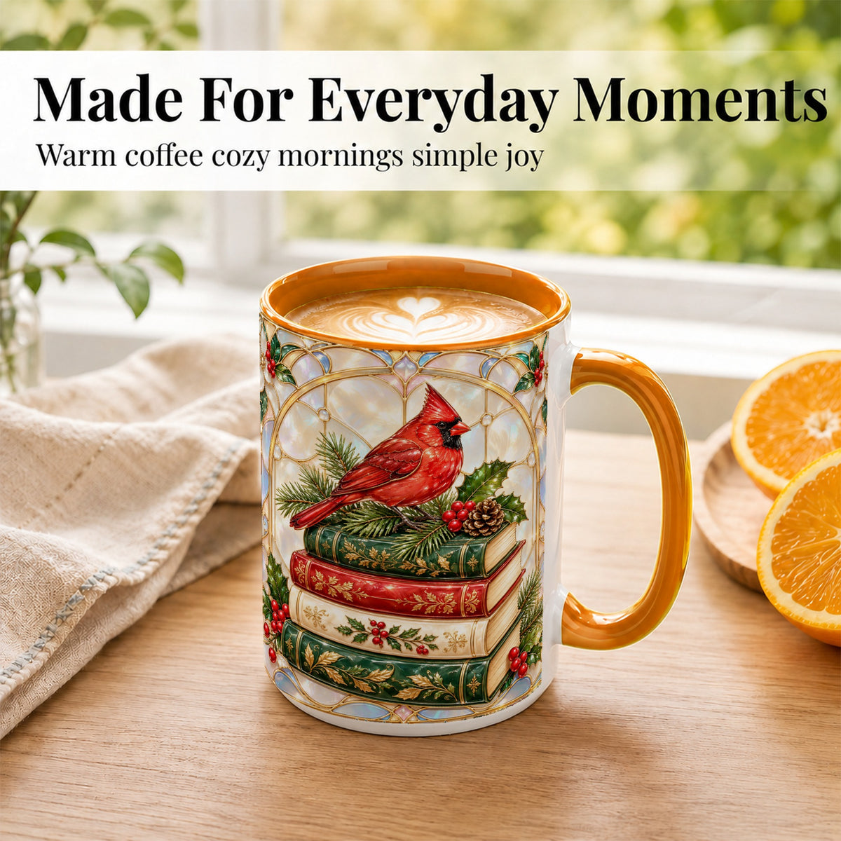 #pl[15oz|Orange] Christmas Cardinal Coffee Mug, Winter Holly Bird Mug, Ceramic Cup