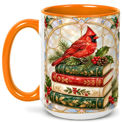 #pl[15oz|Orange] Christmas Cardinal Coffee Mug, Winter Holly Bird Mug, Ceramic Cup