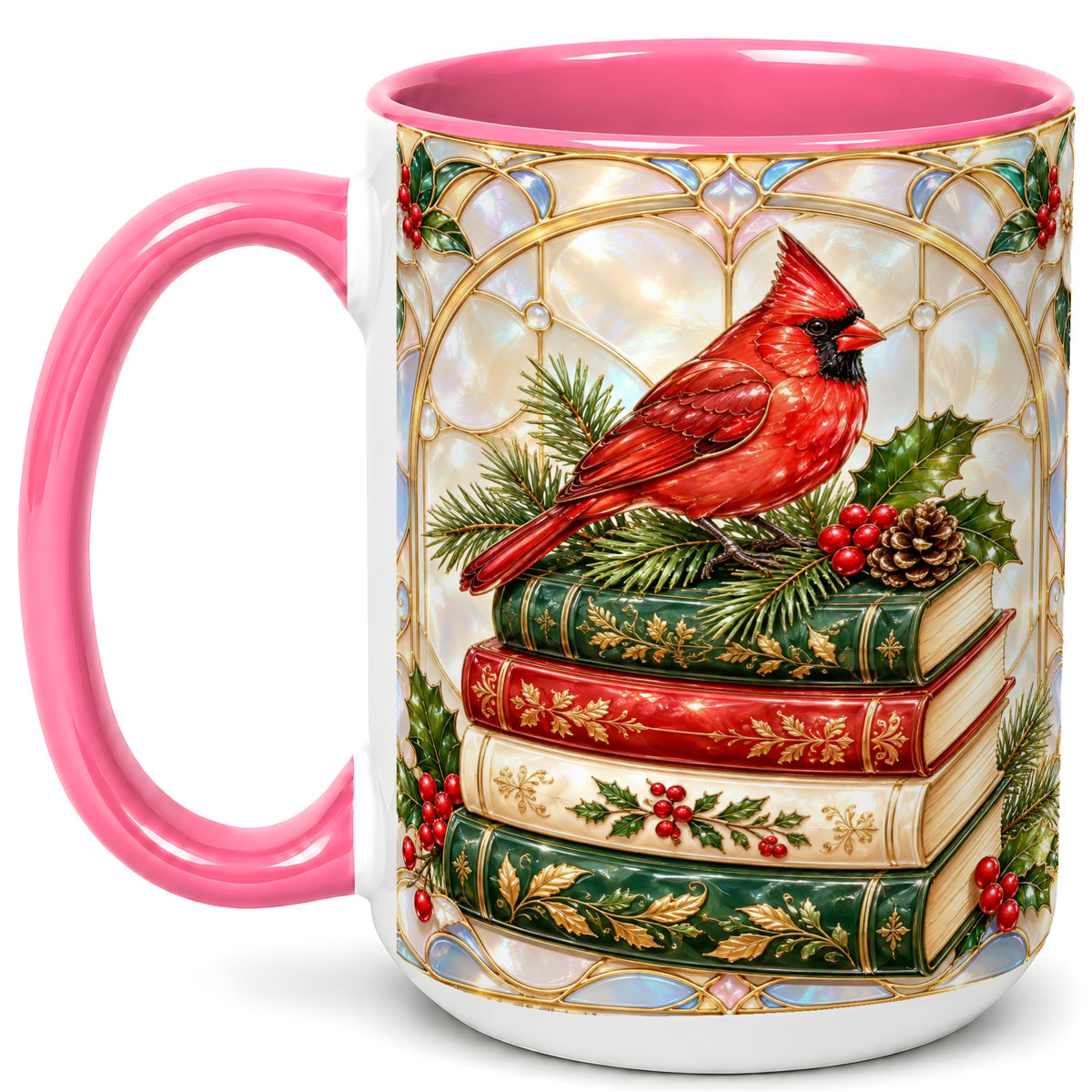 #pl[15oz|Pink] Christmas Cardinal Coffee Mug, Winter Holly Bird Mug, Ceramic Cup