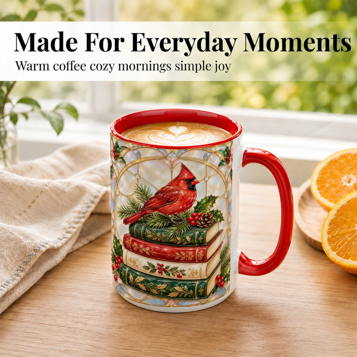 #pl[15oz|Red] Christmas Cardinal Coffee Mug, Winter Holly Bird Mug, Ceramic Cup